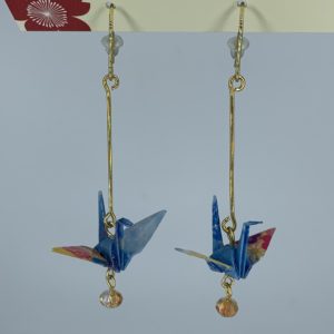 Boucles d'oreilles origami grue avec perle 5 cm - Bleue - Fabrication au Japon