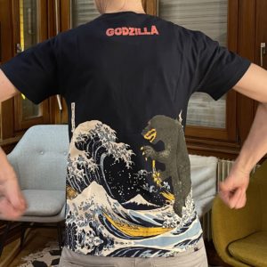 Tee-shirt Godzilla bleu avec vague Hokuzaï