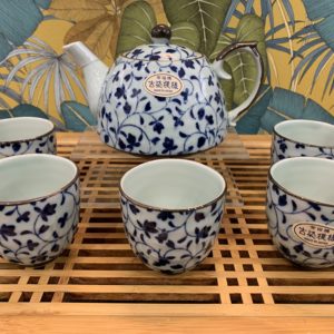 Service à thé 6 pièces fleurs bleues céramique Japon