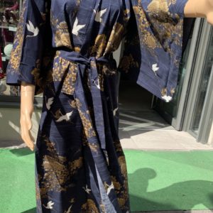 Yukata - robe kimono - bleu aux motifs grue et fleurs dorées - 100 coton - Japon