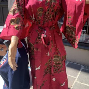 Kimono d'été - Yukata 100 coton - rouge et or avec grue - fabrication Japon
