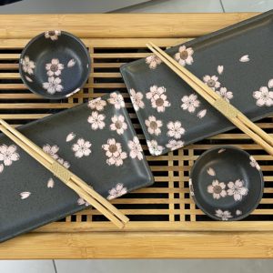 Set sushi 6 pièces sakura porcelaine noir - Fabrication au Japon