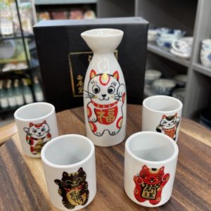 Service à saké néko 5 pièces - porcelaine japonaise